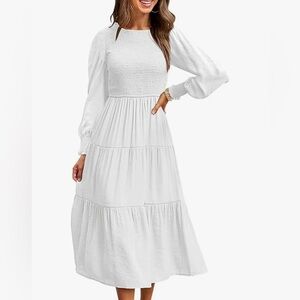 White Smocked Midi Dress